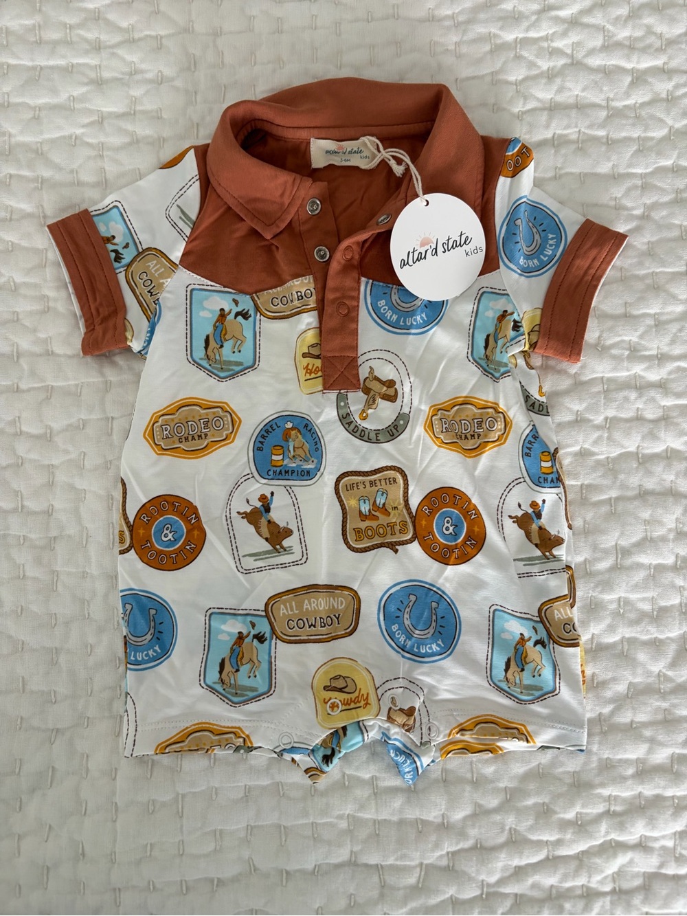 NWT Angel Dear/Altar’d State Kids Polo Shortie Romper Western Cowboy Print 3-6M